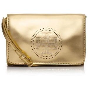 Tory Burch logo crossbody clutch metallic gold